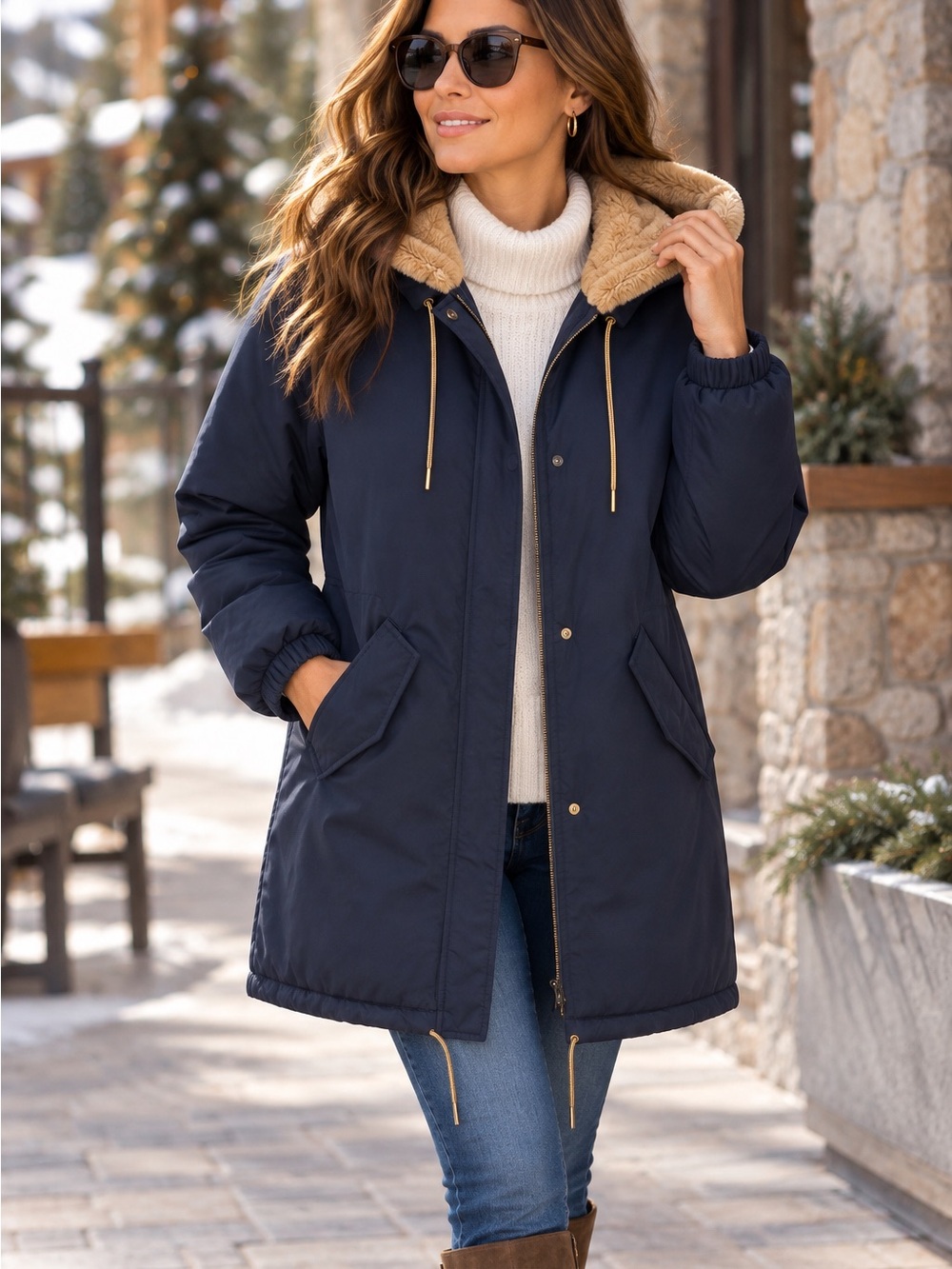 L10 Lucky Brand Size Medium Navy Faux Fur Hooded Parka Coat NWOT